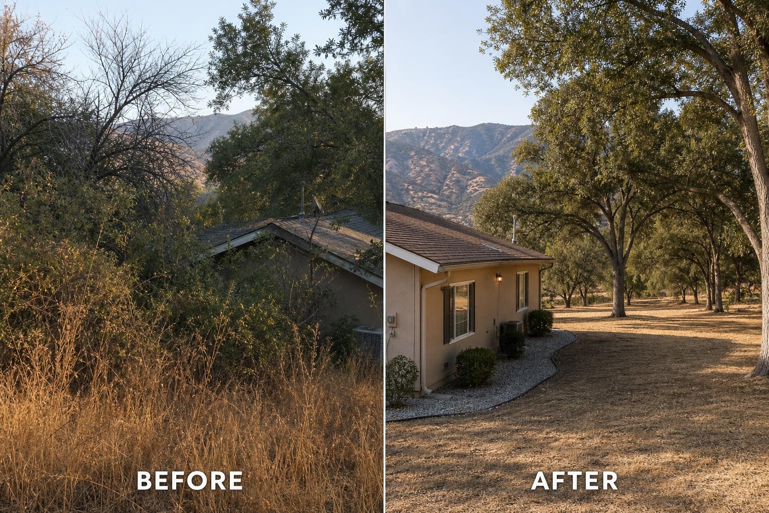 Before and after defensible space brush clearing on a San Bernardino County foothill property — overgrown chaparral and dry grass touching the house on the left, professionally cleared and spaced vegetation with a clean ember-resistant zone on the right