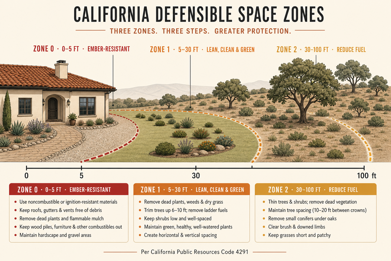 Diagram of California defensible space zones 0, 1, and 2 around a home, showing 0–5 ft ember-resistant zone, 5–30 ft lean, clean and green zone, and 30–100 ft reduced-fuel zone per Public Resources Code 4291